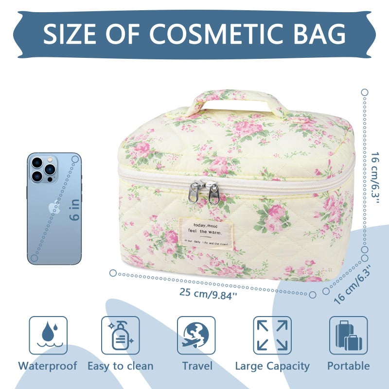 Gosect Large Travel Quilted Makeup Bag for Women,Big Floral Cotton Cosmetic Bag, Cute Coquette Aesthetic Floral Toiletry Organizer Bag (Pink pattern) - Image 2