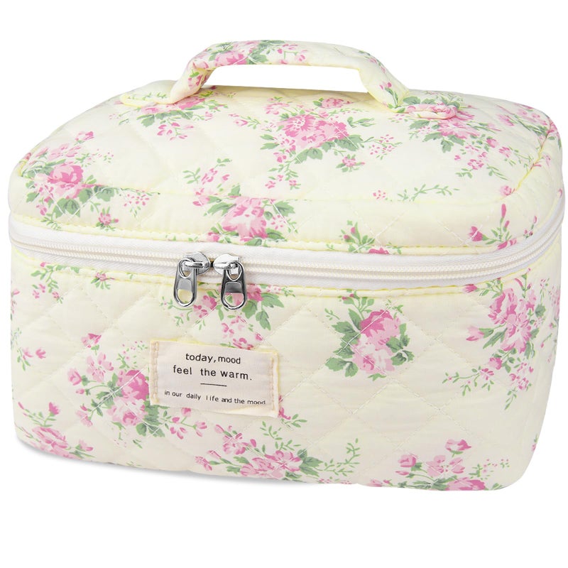 Gosect Large Travel Quilted Makeup Bag for Women,Big Floral Cotton Cosmetic Bag, Cute Coquette Aesthetic Floral Toiletry Organizer Bag (Pink pattern) - Image 1