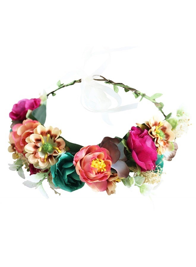 LLinfflr Women Floral Crown Flower Garland Headband Hair Wreath Floral Halo Headpiece Boho with Ribbon Wedding Party Photos - Image 1
