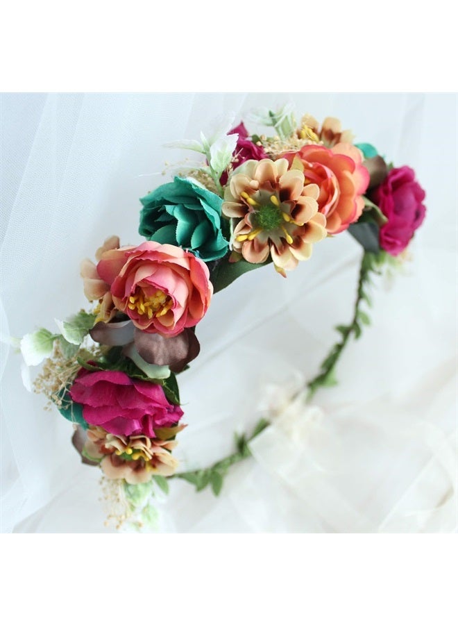 LLinfflr Women Floral Crown Flower Garland Headband Hair Wreath Floral Halo Headpiece Boho with Ribbon Wedding Party Photos - Image 3