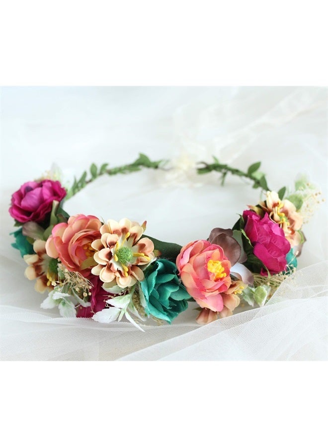 LLinfflr Women Floral Crown Flower Garland Headband Hair Wreath Floral Halo Headpiece Boho with Ribbon Wedding Party Photos - Image 2
