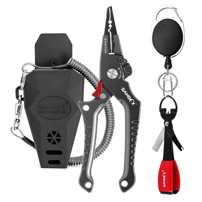 SAMSFX Aluminum Fishing Pliers Hook Remover Braid Line Cutter with Coiled Lanyard, Fly Fishing Knot Tying Tool & Retractors (Gray Handle, Split Ring Nose) - Image 1