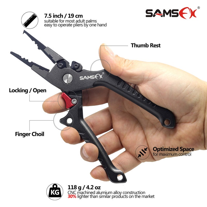 SAMSFX Aluminum Fishing Pliers Hook Remover Braid Line Cutter with Coiled Lanyard, Fly Fishing Knot Tying Tool & Retractors (Gray Handle, Split Ring Nose) - Image 4