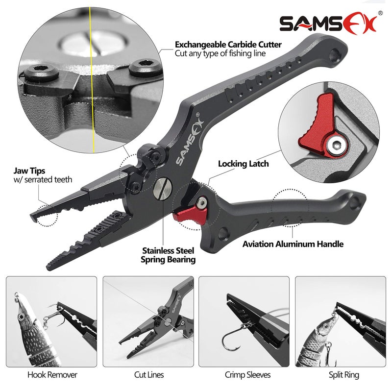 SAMSFX Aluminum Fishing Pliers Hook Remover Braid Line Cutter with Coiled Lanyard, Fly Fishing Knot Tying Tool & Retractors (Gray Handle, Split Ring Nose) - Image 3