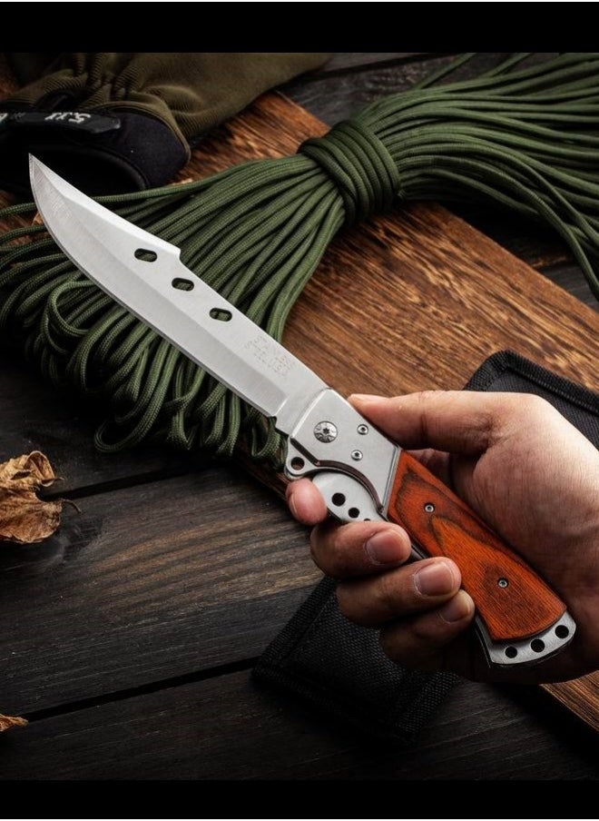 Browning - 3cr13 Stainless Steel High Hardness Solid Wood handle Multi-functional Three-fold Dovetail Knife Wirh Knife Sheath - Image 1