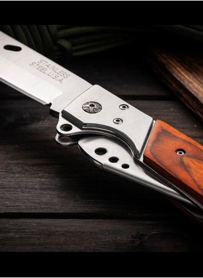 Browning - 3cr13 Stainless Steel High Hardness Solid Wood handle Multi-functional Three-fold Dovetail Knife Wirh Knife Sheath - Image 1
