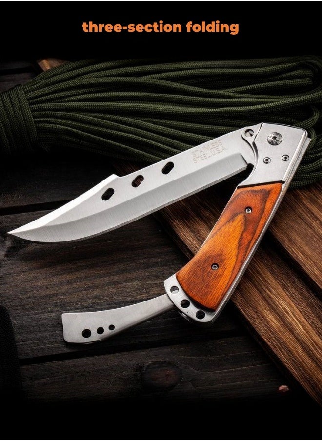 Browning - 3cr13 Stainless Steel High Hardness Solid Wood handle Multi-functional Three-fold Dovetail Knife Wirh Knife Sheath - Image 1