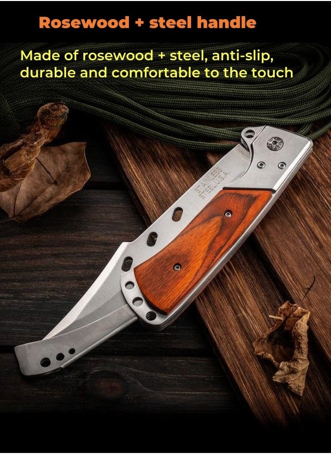 Browning - 3cr13 Stainless Steel High Hardness Solid Wood handle Multi-functional Three-fold Dovetail Knife Wirh Knife Sheath - Image 1