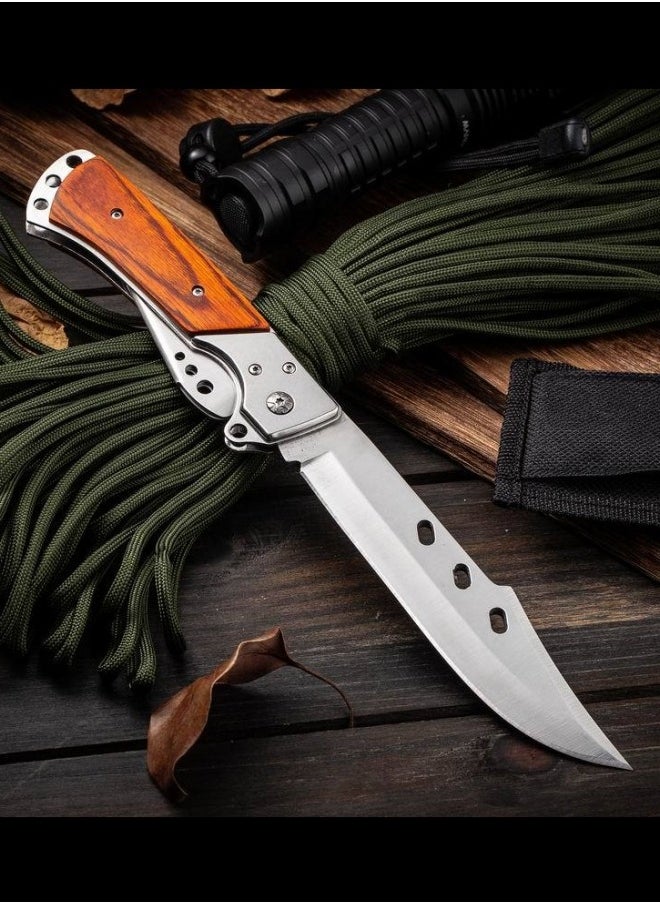 Browning - 3cr13 Stainless Steel High Hardness Solid Wood handle Multi-functional Three-fold Dovetail Knife Wirh Knife Sheath - Image 1