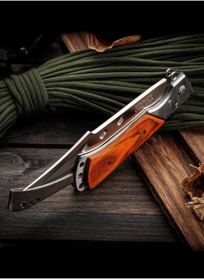 Browning - 3cr13 Stainless Steel High Hardness Solid Wood handle Multi-functional Three-fold Dovetail Knife Wirh Knife Sheath - Image 1