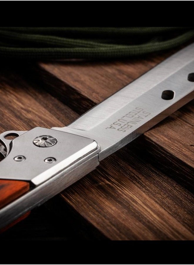 Browning - 3cr13 Stainless Steel High Hardness Solid Wood handle Multi-functional Three-fold Dovetail Knife Wirh Knife Sheath - Image 1