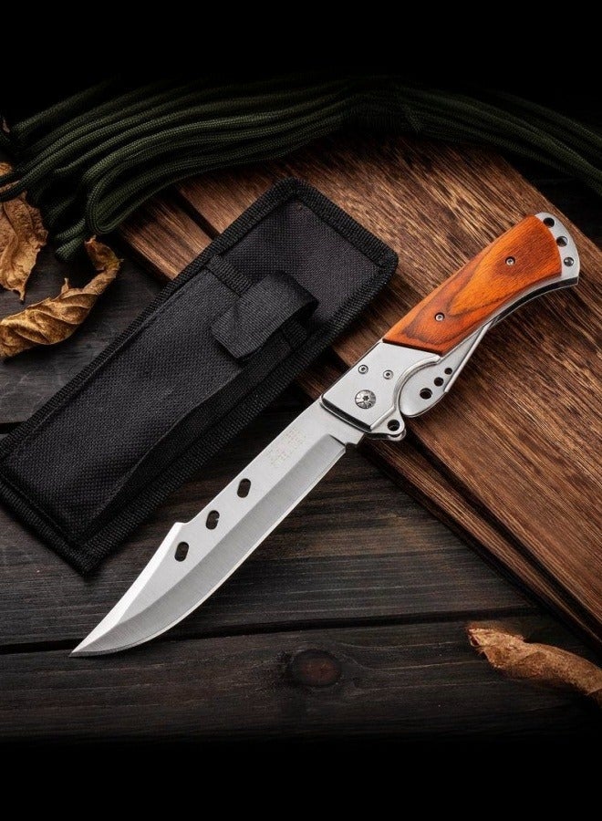 Browning 3Cr13 Stainless Steel Folding Knife, Wood Handle – Multi-Functional with Sheath - Image 1