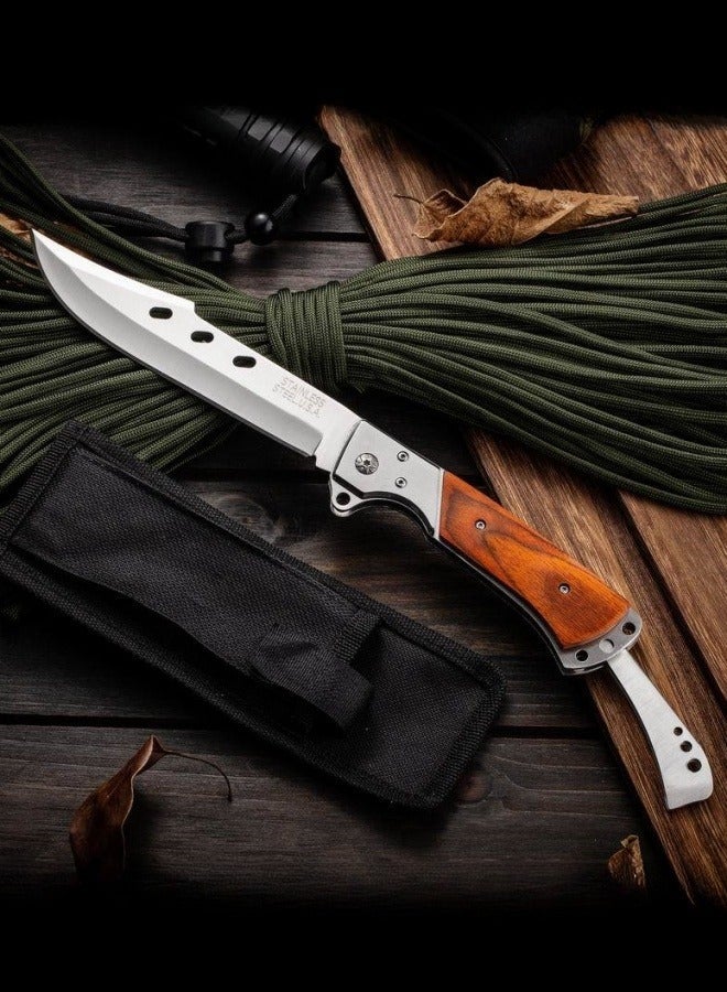 Browning 3Cr13 Stainless Steel Folding Knife, Wood Handle – Multi-Functional with Sheath - Image 3