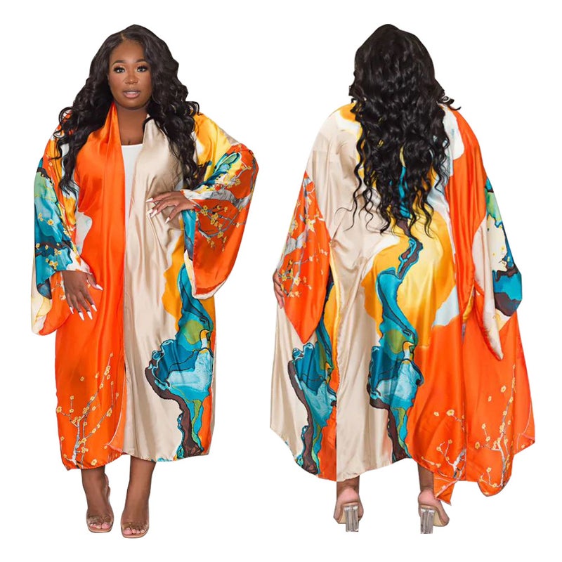 K10173 Euro-American Fashion Silk-like Printed Kimono Wrap Coat Orange