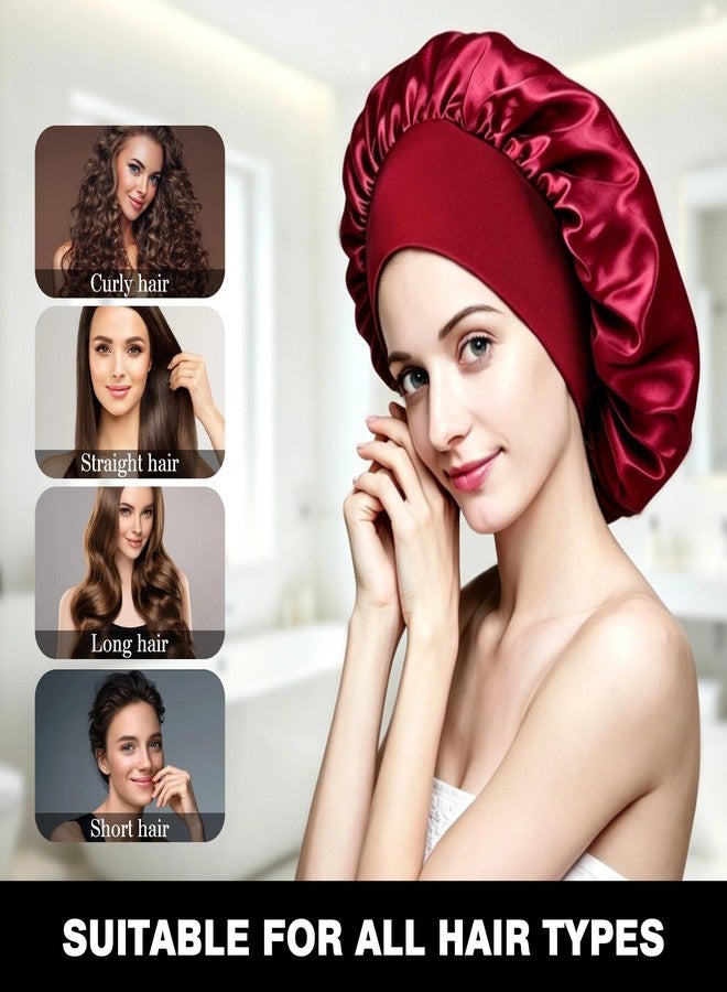 RIUOTA 3 Pack Satin Silk Bonnet for Sleeping – Large Wide Soft Adjustable Hair Bonnet for Women, Sleep Cap for Curly Hair & Braids（Black, Red, Pink） - Image 5