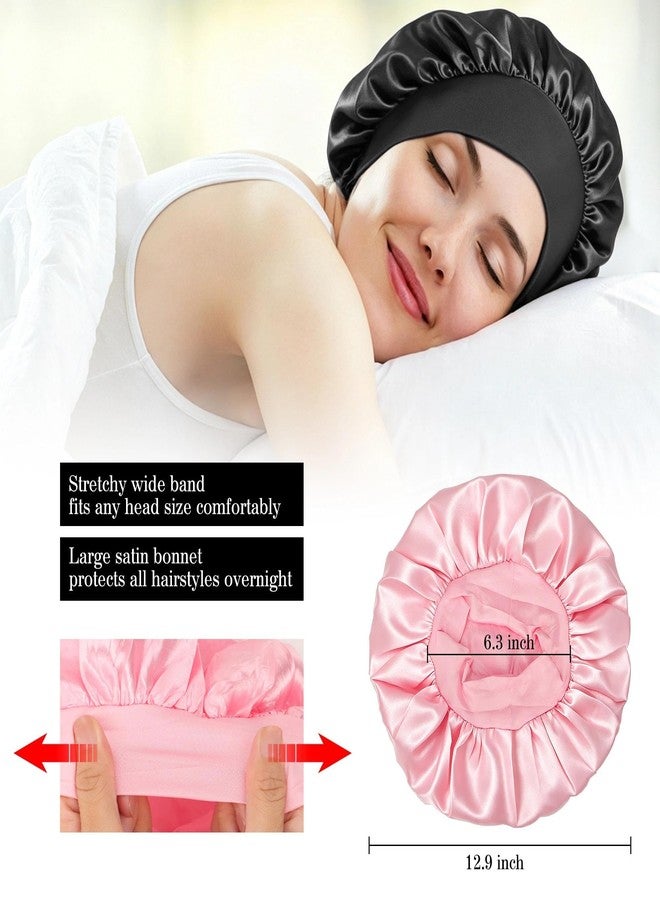 RIUOTA 3 Pack Satin Silk Bonnet for Sleeping – Large Wide Soft Adjustable Hair Bonnet for Women, Sleep Cap for Curly Hair & Braids（Black, Red, Pink） - Image 2
