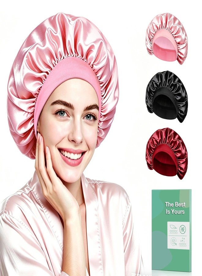 RIUOTA 3 Pack Satin Silk Bonnet for Sleeping – Large Wide Soft Adjustable Hair Bonnet for Women, Sleep Cap for Curly Hair & Braids（Black, Red, Pink） - Image 1