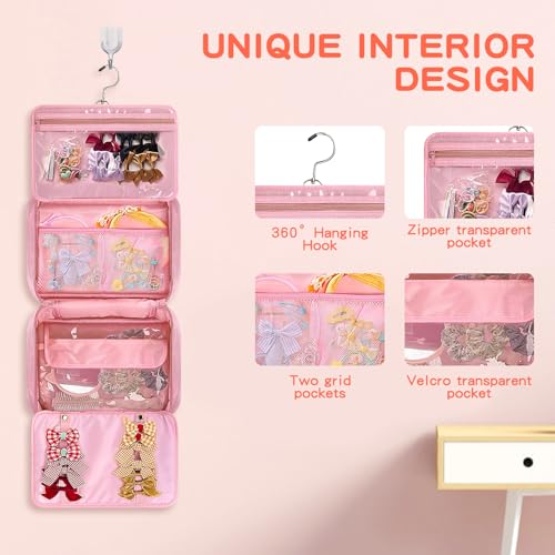 Grekos Hair Accessories Organizer for Girls, Hanging Hair Bow Storage Bag for Girls Hair Clips, Travel Organizer With Hair Clips, Headbands, Scrunchies & Ties - Empty Bag (Pink) - Image 3