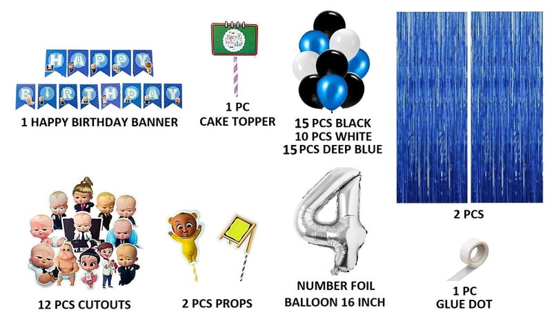 FI - FLICK IN 60 Pcs Boss Baby 4th Birthday Decorations Item Kit With Bossbaby Banner Cutouts Props & Cake Topper (Pack of 60, Multicolor) - Image 2