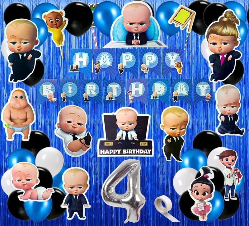 FI - FLICK IN 60 Pcs Boss Baby 4th Birthday Decorations Item Kit With Bossbaby Banner Cutouts Props & Cake Topper (Pack of 60, Multicolor) - Image 1