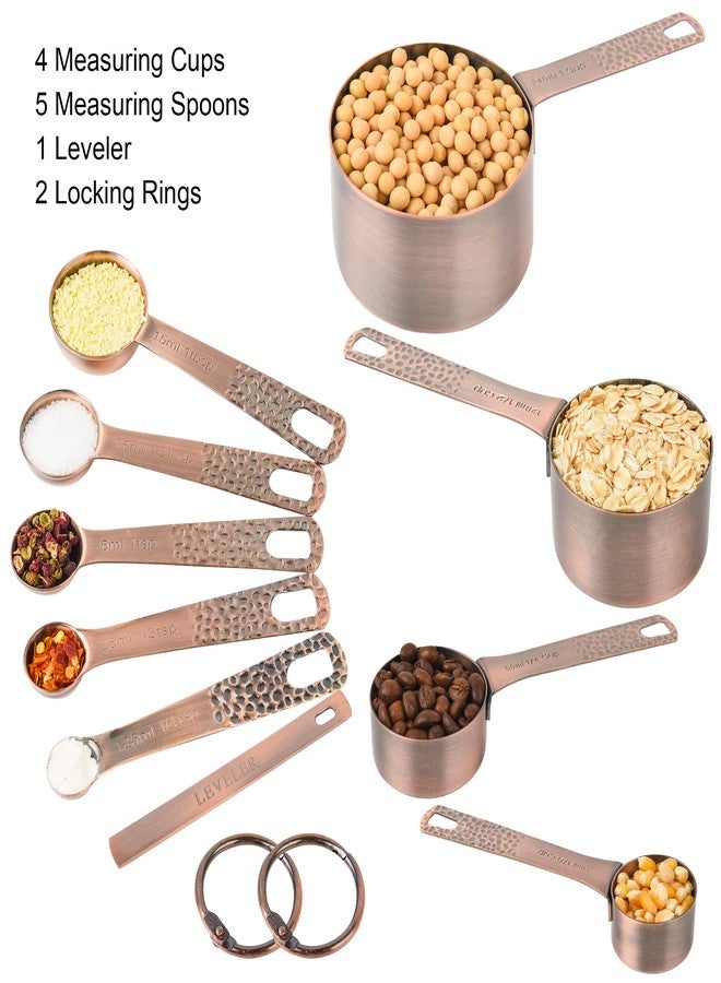Smithcraft Copper Measuring Cups and Spoons Set 10, Metric & US Stainless Steel Measuring and Spoons Set for Baking & Kitchen, Nesting 4 Metal Measure Cups & 5 Spoons & Leveler for Dry & Liquid - Image 3