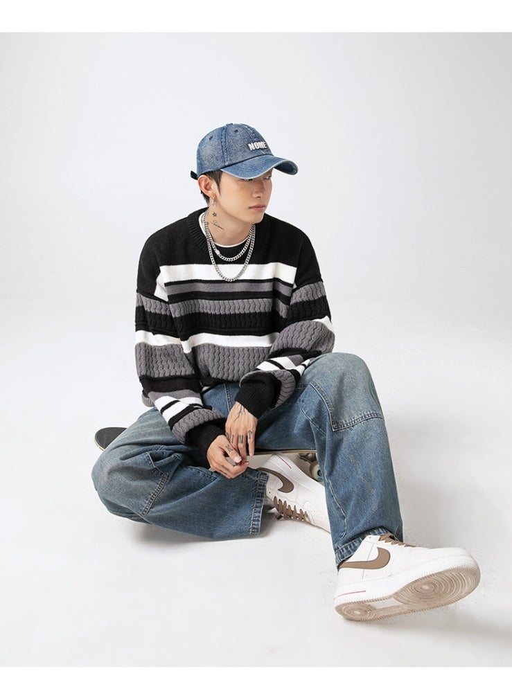 NIBEMINENT Autumn Winter  Men  Knitted Sweater Casual Couple Striped Sweater Thick Warm Knit Loose Black Wool Pullovers Coats - Image 2