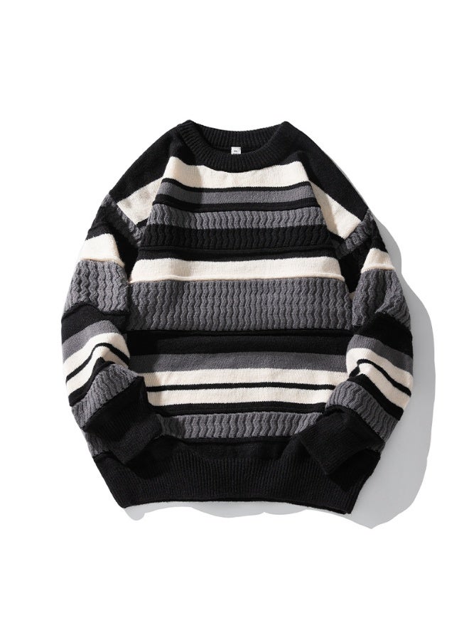NIBEMINENT Autumn Winter  Men  Knitted Sweater Casual Couple Striped Sweater Thick Warm Knit Loose Black Wool Pullovers Coats - Image 1