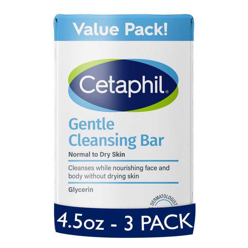 Cetaphil صابون تنظيف لطيف من CETAPHIL 45 أونصة عبوة من 3 صابون تنظيف مغذي للبشرة الجافة والحساسة غير مسبب للرؤوس السوداء وغير مهيج للبشرة الحساسة