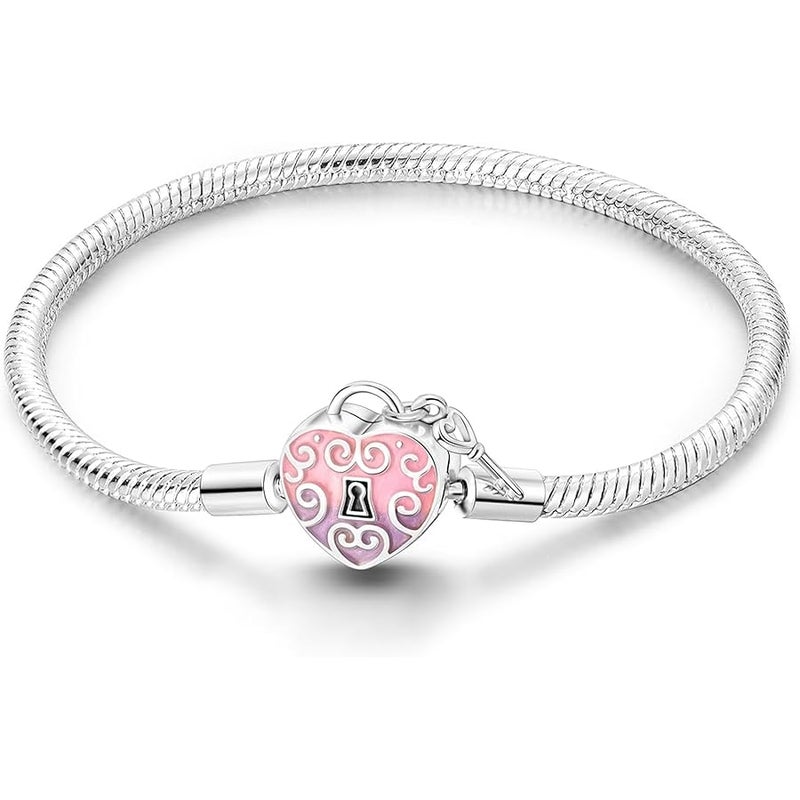 Hapour Charm Bracelet for Women Sterling Silver, Heart Clasp Snake Chain Bracelet Travel Charm Moments European Bracelet Jewelry Compatible with Pandora Charms, Gift for Her - Image 1