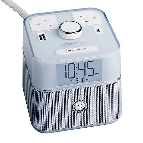 Brandstand CubieBlue White - Charging Alarm Clock with Bluetooth Speaker Outlets and USB Ports - Image 1