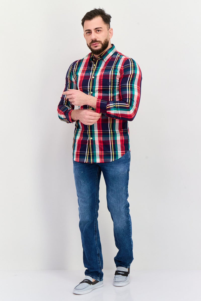 Chaps قميص رجالي بأكمام طويلة وقصة مريحة، مزخرف بمربعات، مزيج أحمر/كحلي - Image 4