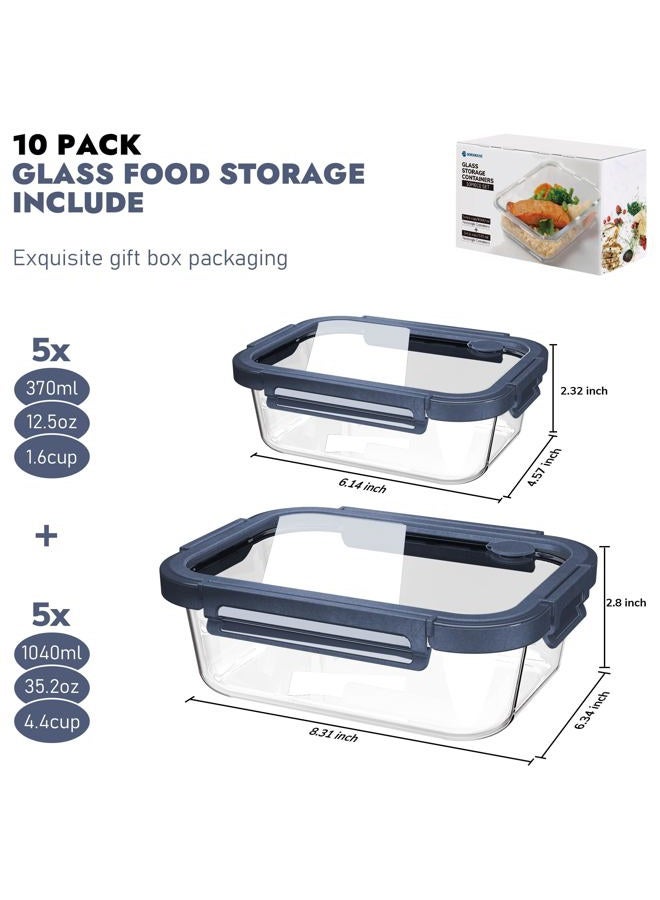 BOROHOUSE 10-Pack Glass Food Storage Containers with Tempered Lids – Borosilicate, Airtight, Oven-Safe (-4°F~950°F), BPA-Free, 4.4 & 1.6 Cup, Leak-Proof, Dishwasher Safe (Blue) - Image 2