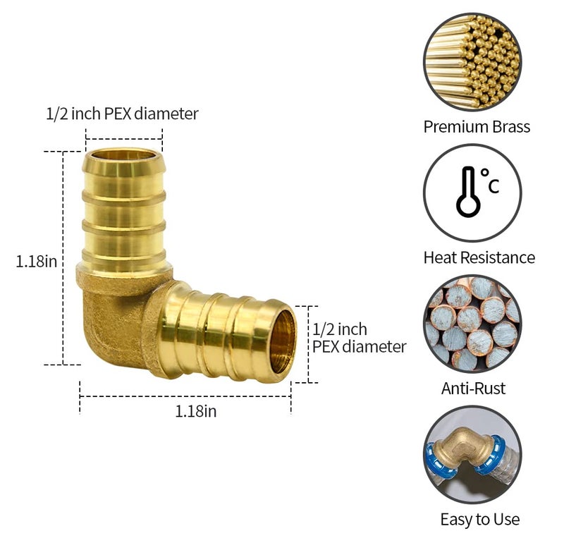 Ruby Q 50 Pack 1/2" PEX Fittings, Brass Elbow Fittings, for PEX Tubing Pipe - Image 2