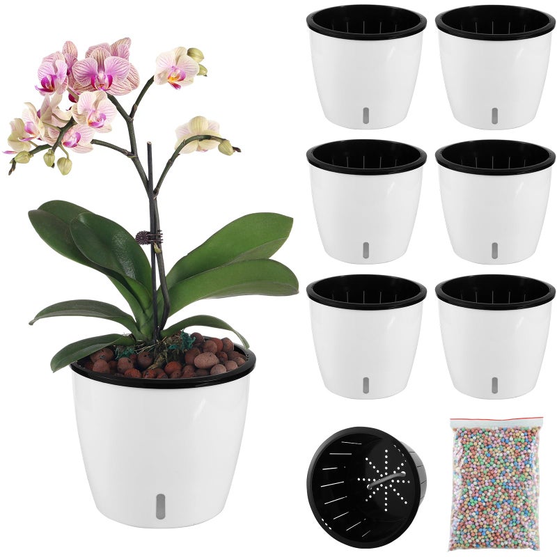 Planterhoma 67 Inch Self Watering Pots for Indoor Plants 6 Packs African Violet Pots with Indicator Black Wick Pot with Drainage Holes Self Watering Planters for Orchid Devils Ivy White