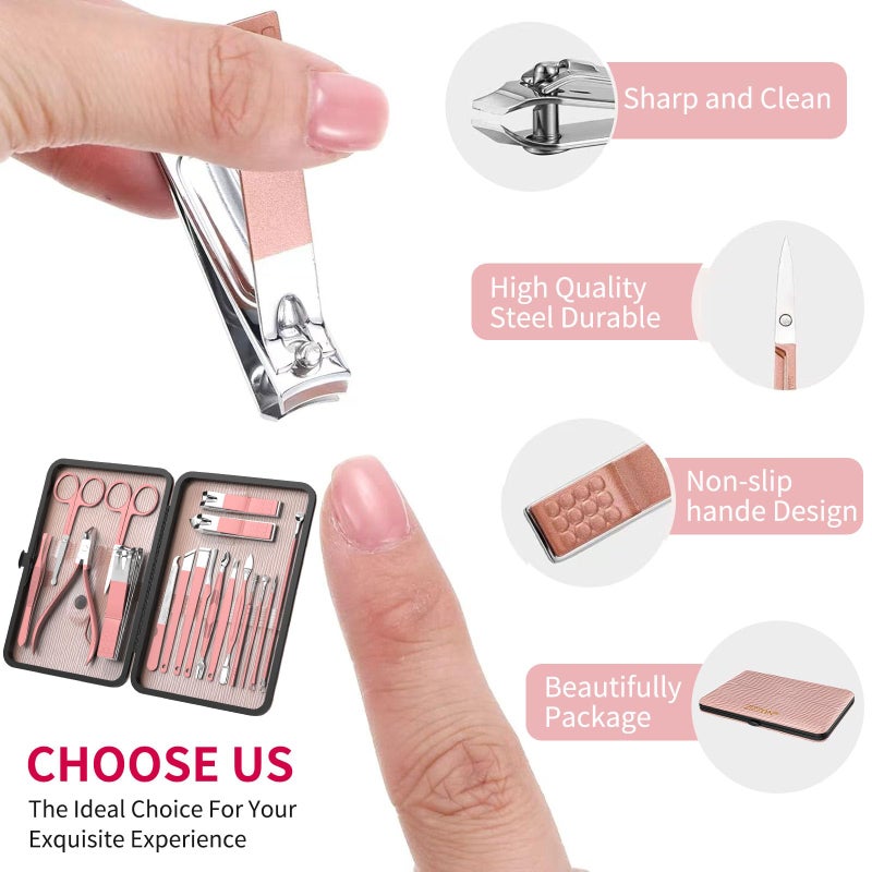 ZIZZON Manicure Set 18 in 1 Professional Pedicure Set Nail scissors Grooming Kit with Leather Travel Case Pink - Image 3