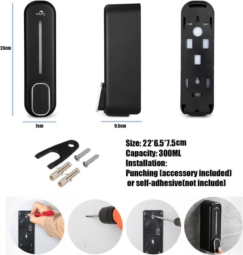 DOLPHY موزع صابون سائل دولفي ABS للحمام والمطبخ - 300 مل - مجموعة من 3 (أسود بيضاوي) - Image 4