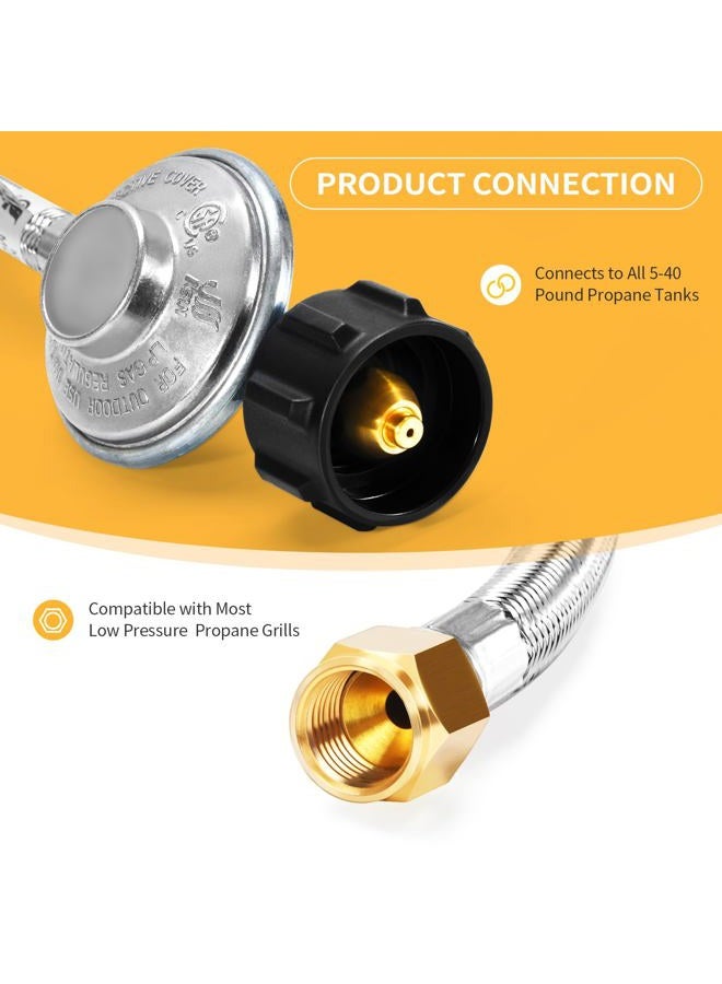 GasSaf 6 Feet Propane Regulator and Hose Universal Grill Regulator Replacement with Stainless Steel Braided Hose for QCC1 Low Pressur LP Gas Grill, Heater and Fire Pit Table,3/8" Female Flare Nut - Image 4