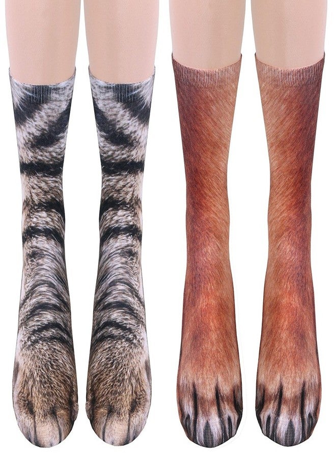Tiaronics 2Pairs 3D Socks Unisex Adult Big Kids Animal Paw Crew Socks - Sublimated Print (dog+cat) Medium - Image 1