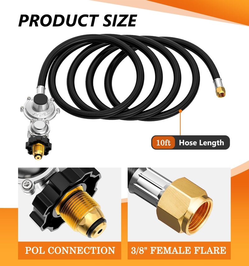 NUPICK 10FT Two Stage Propane Regulator with Hose, Propane Line with Regulator Standard POL to 3/8" Female Flare, 11" WC Pressure Output, for RV Appliances, Fire Pits, Gas Grills, Heaters, Generators - Image 3