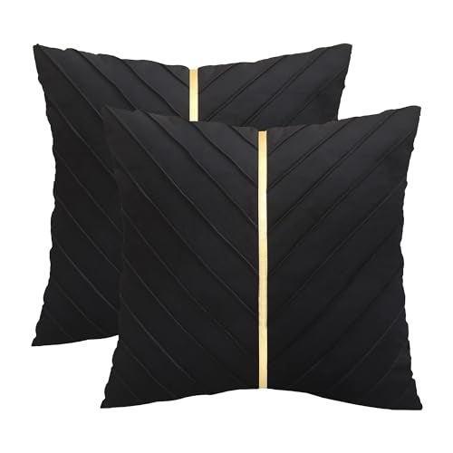 Tosleo Black Velvet Throw Pillow Covers 18 x18 inch Pack of 2 with Gold Leather Decorative Couch Pillow Cover Luxury Modern Pillowcases for Wedding Living Room Bedroom Sofa Cushion Bed - Image 1