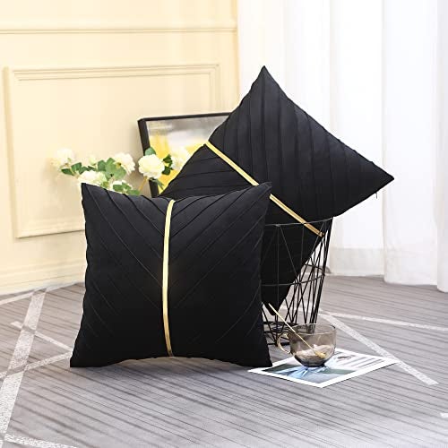 Tosleo Black Velvet Throw Pillow Covers 18 x18 inch Pack of 2 with Gold Leather Decorative Couch Pillow Cover Luxury Modern Pillowcases for Wedding Living Room Bedroom Sofa Cushion Bed - Image 5