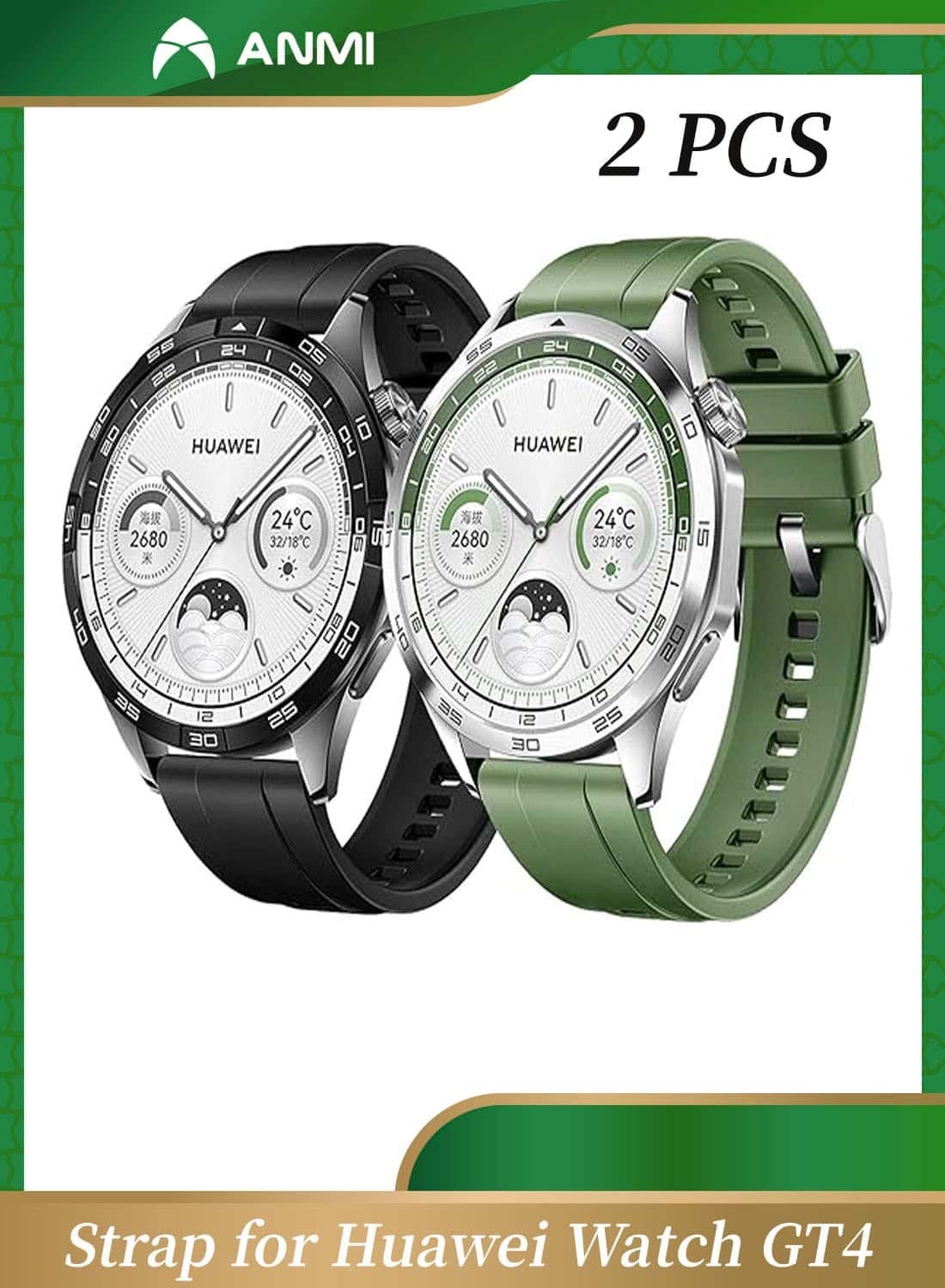 Anmi 2 PCS Replacement Strap Silicone Band for Huawei Watch GT4 46mm(Black/Green)