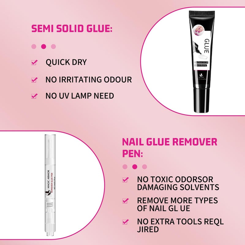 MAGIC ARMOR 15g Semi Solid Nail Glue Gel with 5ml Remover Glue Pen, Super Glue for Press On Nails, No UV Light Needed Long Lasting, Click Removal Pen Design 3-in-1 Remover - Image 2