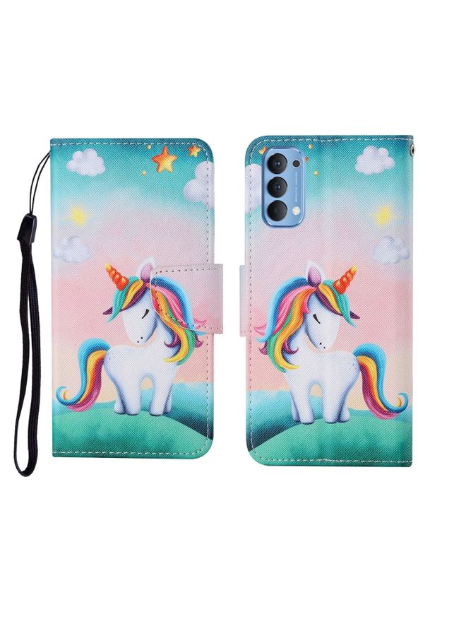 HuHa Case Cover For OPPO Reno4 Pro Painted Pattern Horizontal Flip Leathe Case Rainbow Unicorn 