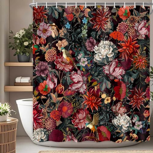 Drgilau Floral Shower Curtain, Vintage Floral Shower Curtain Set Rustic Flower Plants Bathroom Curtains, Waterproof Black Boho Bathroom Decor Curtains with 12 Hooks, 72X72 Inch - Image 1