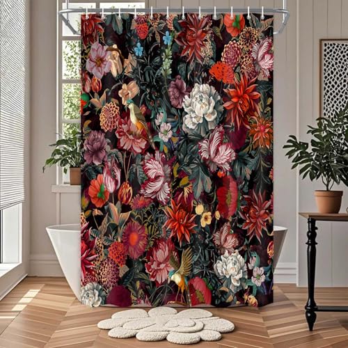 Drgilau Floral Shower Curtain, Vintage Floral Shower Curtain Set Rustic Flower Plants Bathroom Curtains, Waterproof Black Boho Bathroom Decor Curtains with 12 Hooks, 72X72 Inch - Image 2
