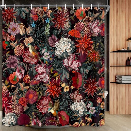 Drgilau Floral Shower Curtain, Vintage Floral Shower Curtain Set Rustic Flower Plants Bathroom Curtains, Waterproof Black Boho Bathroom Decor Curtains with 12 Hooks, 72X72 Inch - Image 4