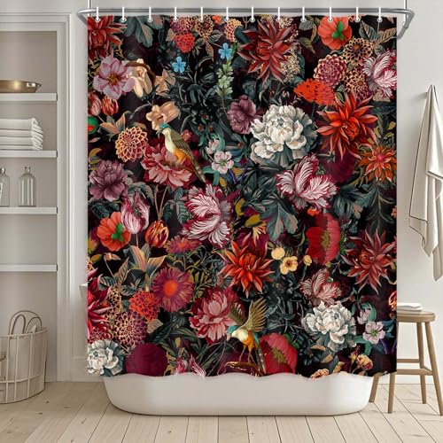 Drgilau Floral Shower Curtain, Vintage Floral Shower Curtain Set Rustic Flower Plants Bathroom Curtains, Waterproof Black Boho Bathroom Decor Curtains with 12 Hooks, 72X72 Inch - Image 3
