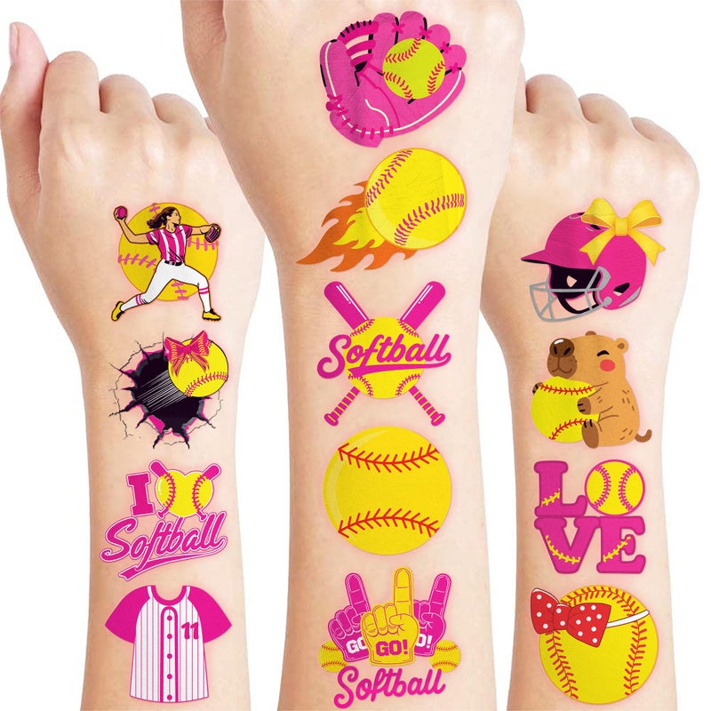 91TATTOOS 96 PCS Softball Sports Pre-Cut Temporary Tattoos for Kids | Super Cute Softball Themed Birthday Party Favors, Supplies, Decorations, Fake Tattoo Stickers, School Rewards & Gifts Boys & Girls, Carnival - Image 1