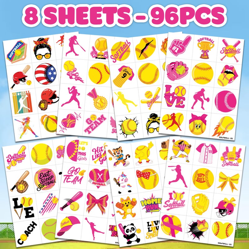 91TATTOOS 96 PCS Softball Sports Pre-Cut Temporary Tattoos for Kids | Super Cute Softball Themed Birthday Party Favors, Supplies, Decorations, Fake Tattoo Stickers, School Rewards & Gifts Boys & Girls, Carnival - Image 3